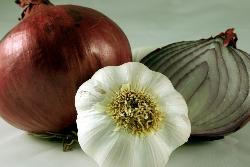 Onions and Garlic, 2 prebiotic foods that feed our probiotic bacteria.